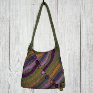 Rising Tide Wool Shoulder Bag Felted Nepal Boho Hippie Striped Pom Pom Purse